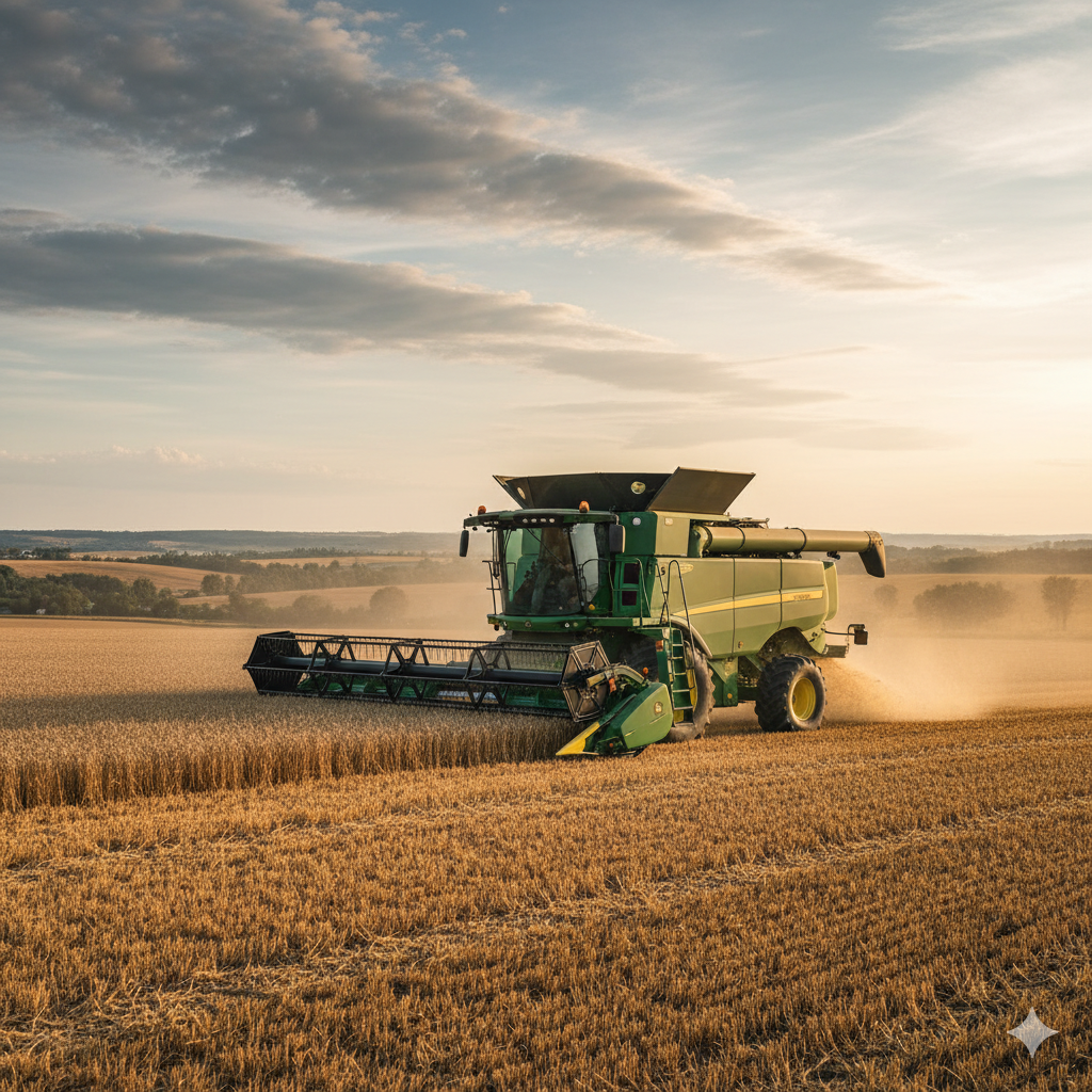 John Deere W70 combine — mandi offload ready